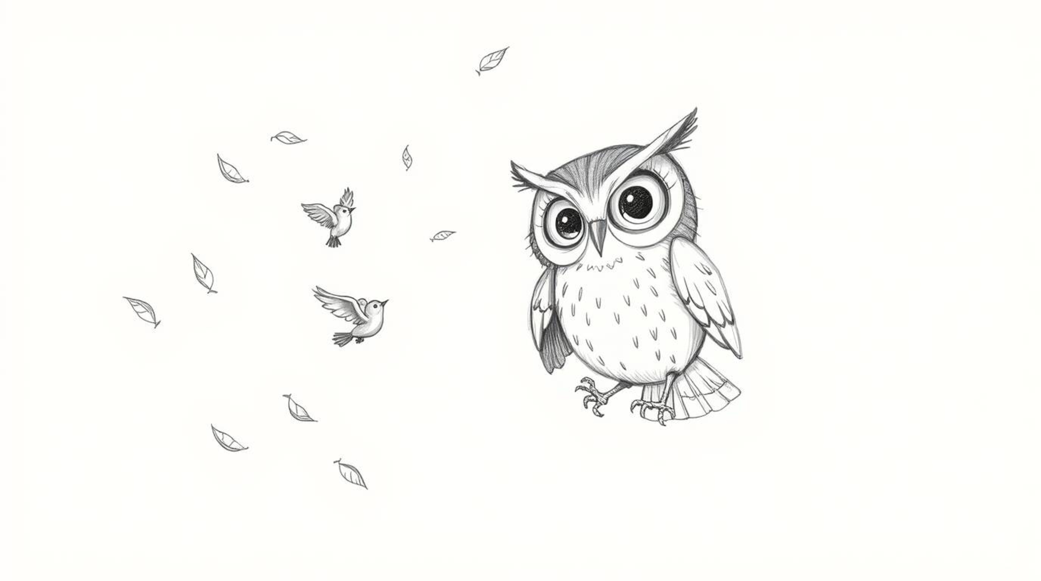 A whimsical hand-drawn sketch reminiscent of Pixar's animation style depicts a blind owl with remarkably expressive eyes. Thi