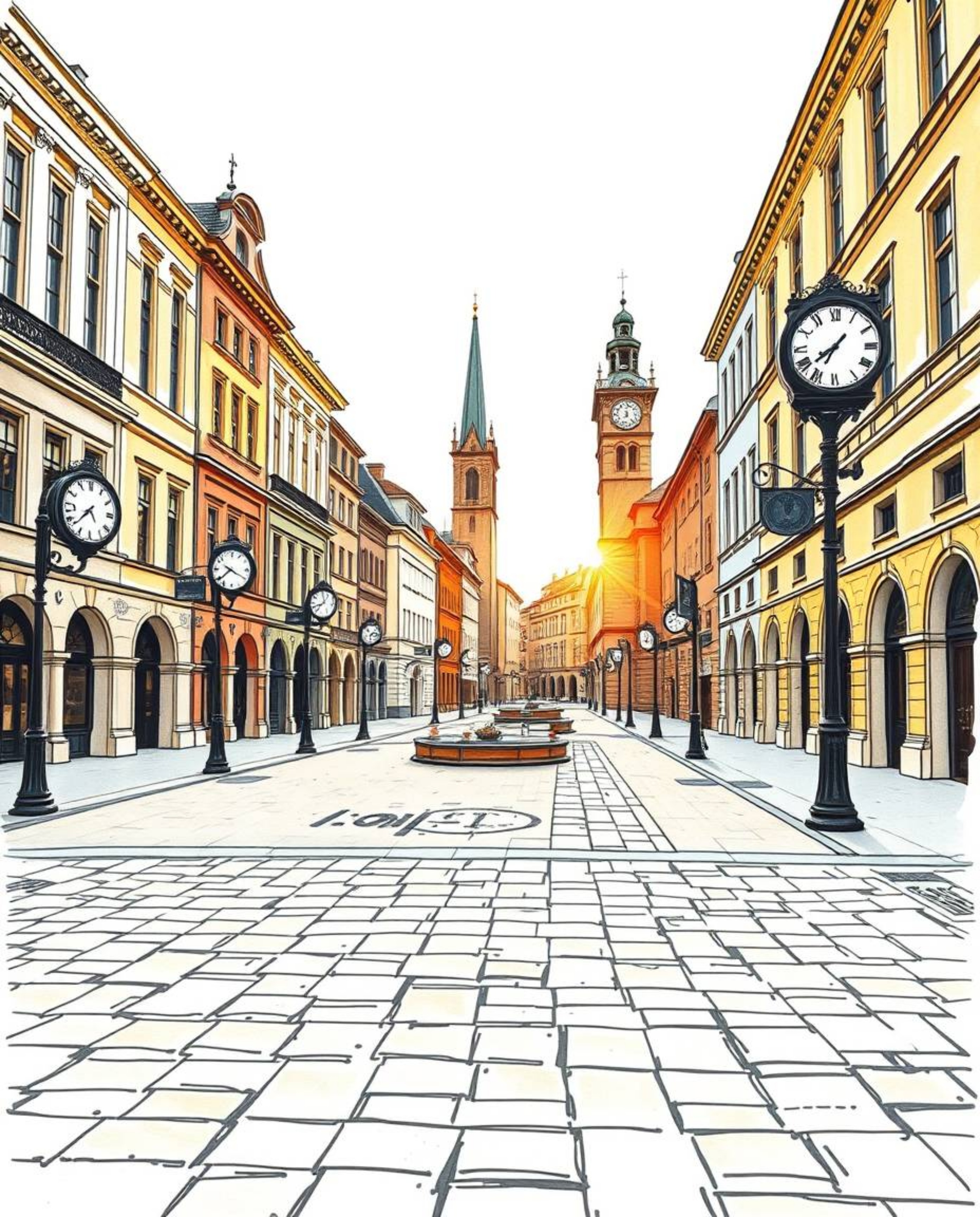 A captivating hand-drawn sketch depicts an empty town square bathed in the warm glow of golden hour light.  Detailed and inti
