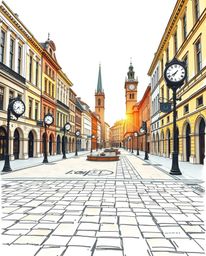 A captivating hand-drawn sketch depicts an empty town square bathed in the warm glow of golden hour light.  Detailed and inti