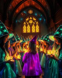 Step into a magical school where young wizards radiate with bioluminescent colors and a warm golden glow. Experience graceful