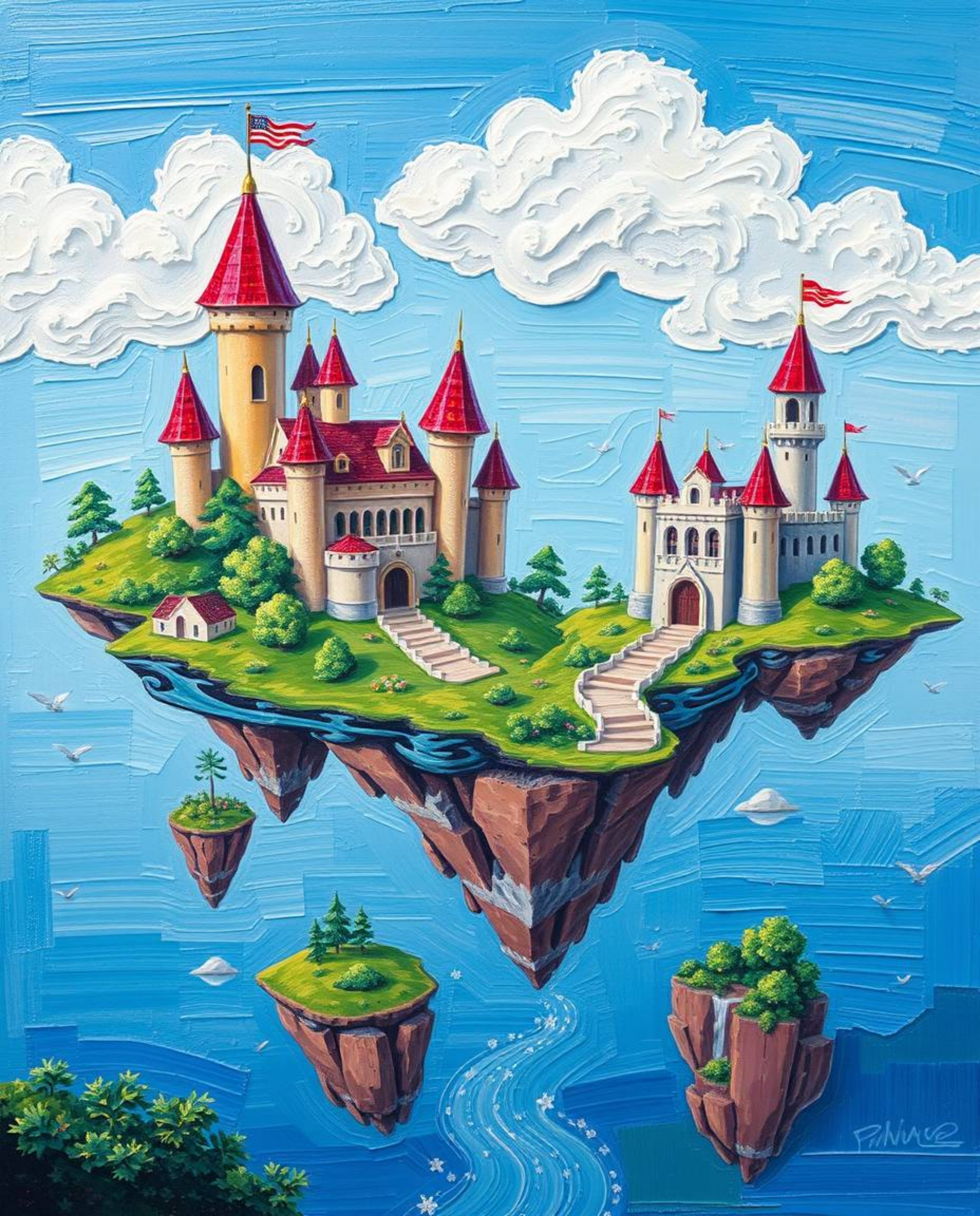 Immerse yourself in a bold acrylic painting depicting an adorable and charming kingdom adorned with floating islands and maje
