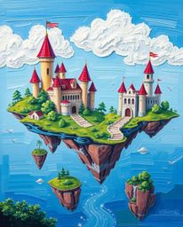 Immerse yourself in a bold acrylic painting depicting an adorable and charming kingdom adorned with floating islands and maje