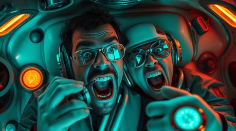 A hilarious, futuristic sci-fi comedy scene depicted in rich teal tones.  The overhead shot showcases a gross-out moment with