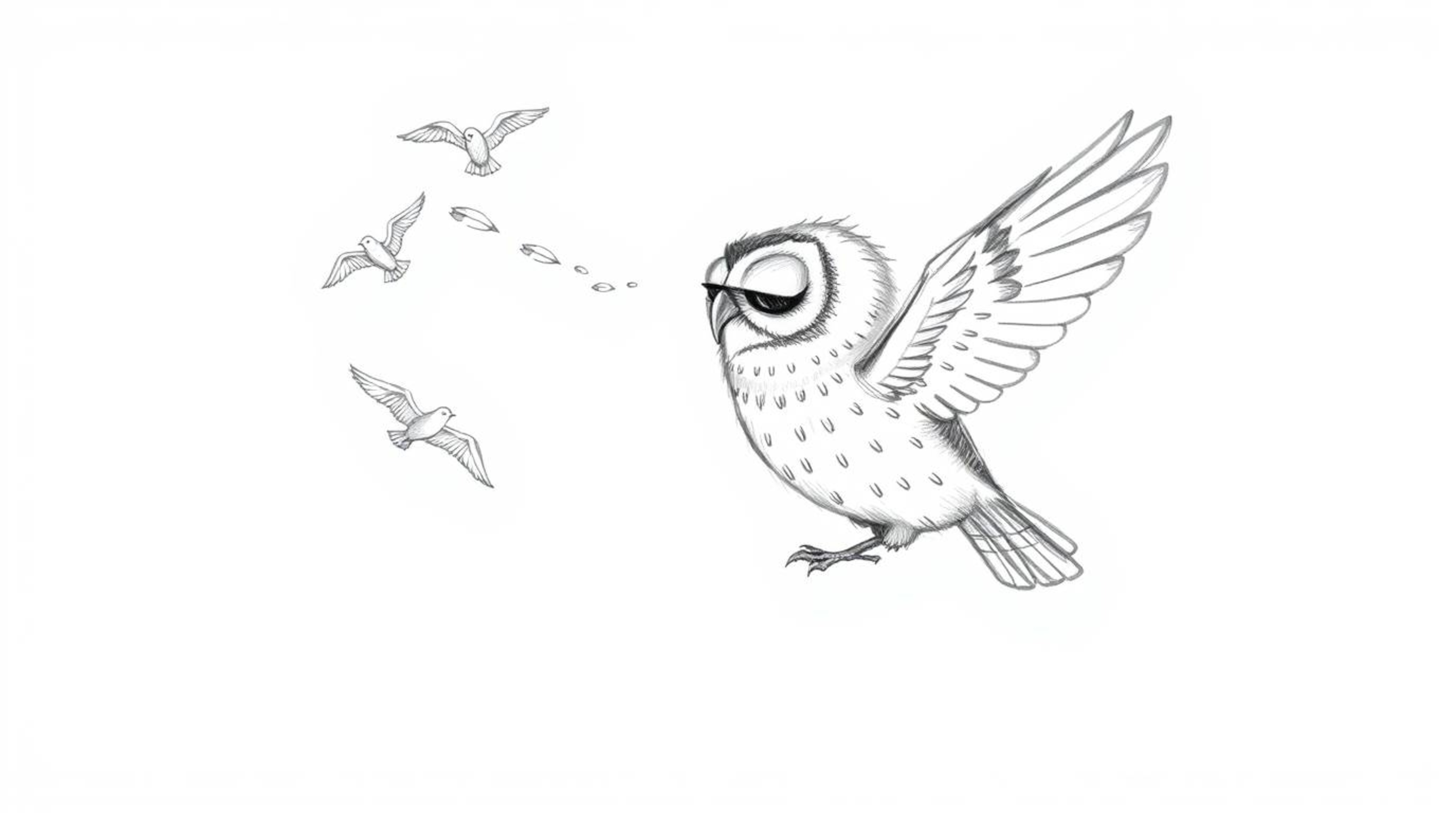A heartwarming hand-drawn sketch in the Pixar style depicts a blind owl patiently teaching birds to fly.  The owl, with its s