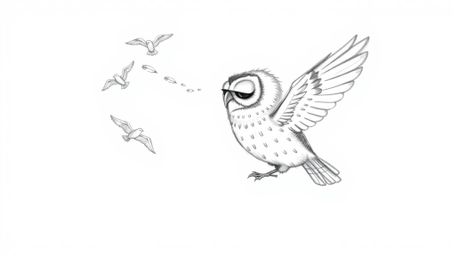 A heartwarming hand-drawn sketch in the Pixar style depicts a blind owl patiently teaching birds to fly.  The owl, with its s