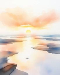 A delicate watercolor painting depicts a sunset sky mirrored in the serene tidal pools of a beach. Characterized by transluce