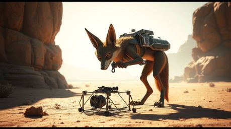 A futuristic, sci-fi style coyote is setting up a ridiculously complex trap in a desert landscape bathed in gentle, soft ligh