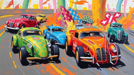 Experience the thrill of a wacky racing scene captured in a bold acrylic painting. This artwork features outlandish cars spee