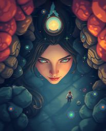 A stunning birds-eye view digital glitch art portrait in a pixelated style.  This piece depicts a mystic and enchanting envir