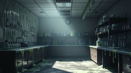 A slime-covered science lab image, rendered with strong, hard light, focuses on the striking contrast between light and shado