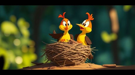 A charming animation depicting two cartoon birds diligently constructing a nest.  Rendered in a classic animation style with 