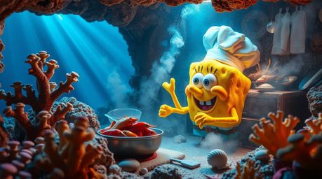 A whimsical underwater scene depicts a porous yellow sponge chef, energetically preparing seafood in a vibrant coral and seas