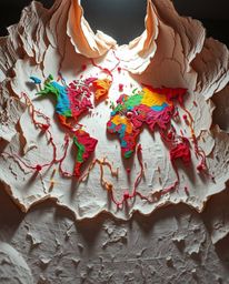 A vibrant and textured layered papier-mâché sculpture showcasing a world map formed by bright, colorful splashes. This creati