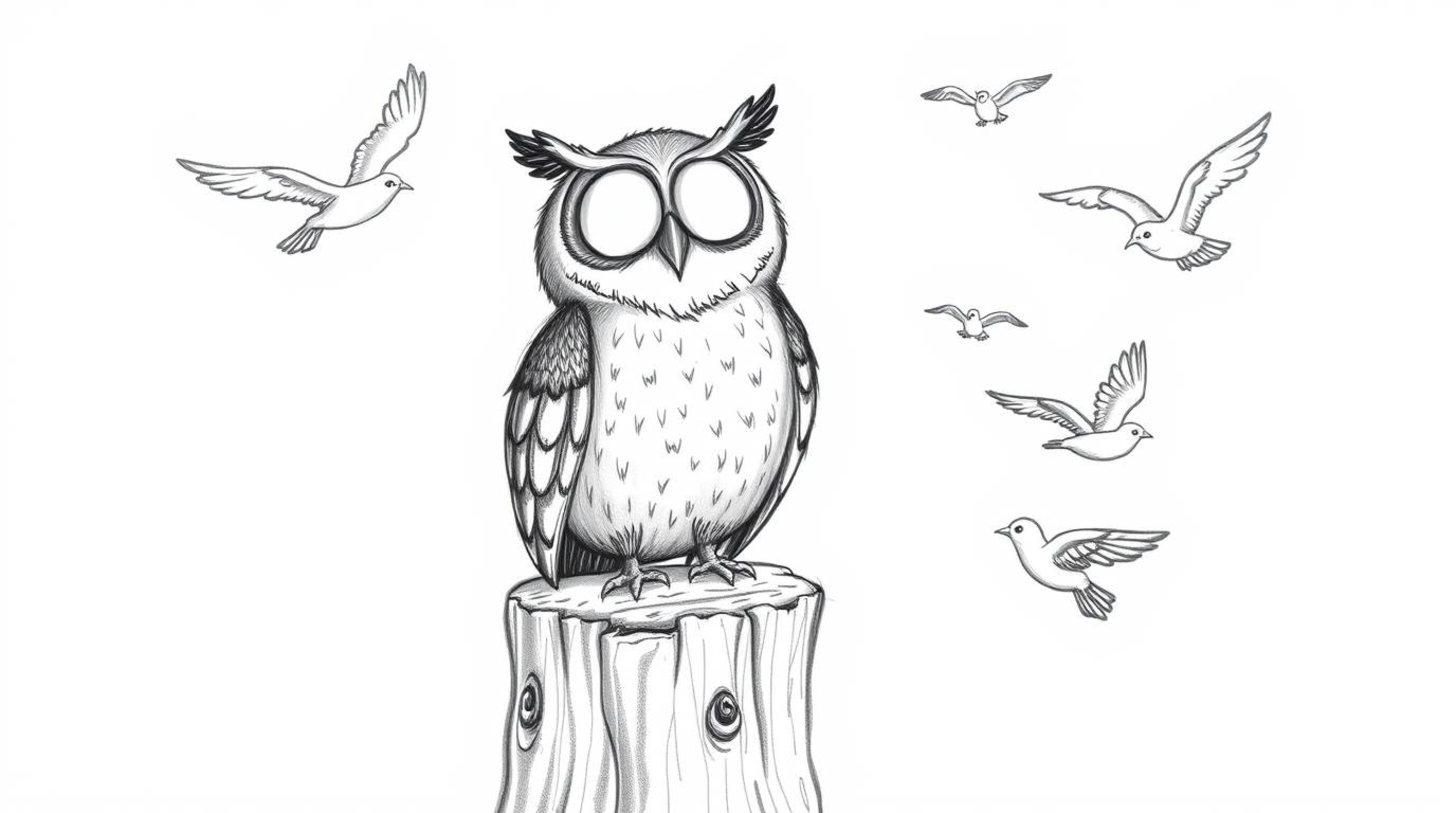 A whimsical, hand-drawn sketch in Pixar style depicts a blind owl with a wide, happy smile, perched on a tree stump. He's wat