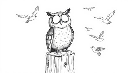 A whimsical, hand-drawn sketch in Pixar style depicts a blind owl with a wide, happy smile, perched on a tree stump. He's wat