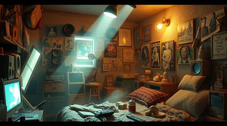 Explore a chaotic yet captivating scene: a messy bedroom adorned with peculiar gadgets and vibrant posters, meticulously scul
