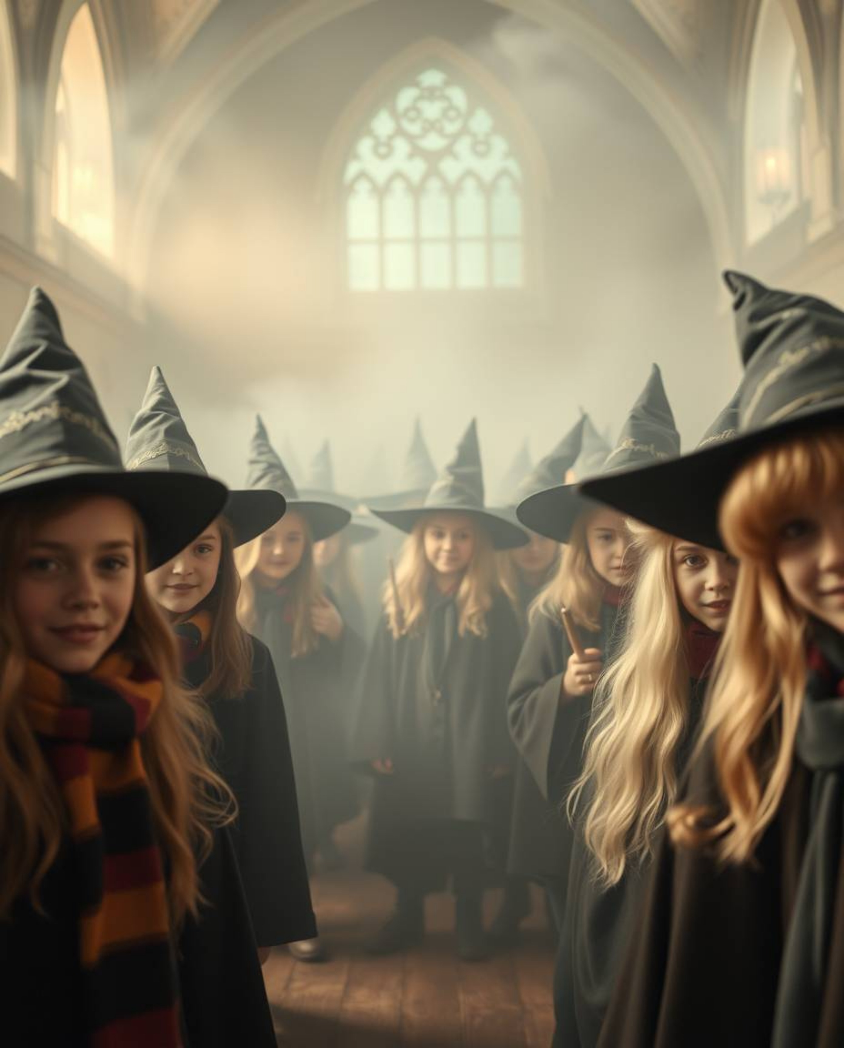 Explore a magical school brimming with young wizards, bathed in soft pastel hues and a gentle cinematic haze.  The hazy backg