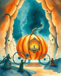 A delicate watercolor painting capturing a grand and epic scene of a magical pumpkin transforming into a carriage. Rich, deep