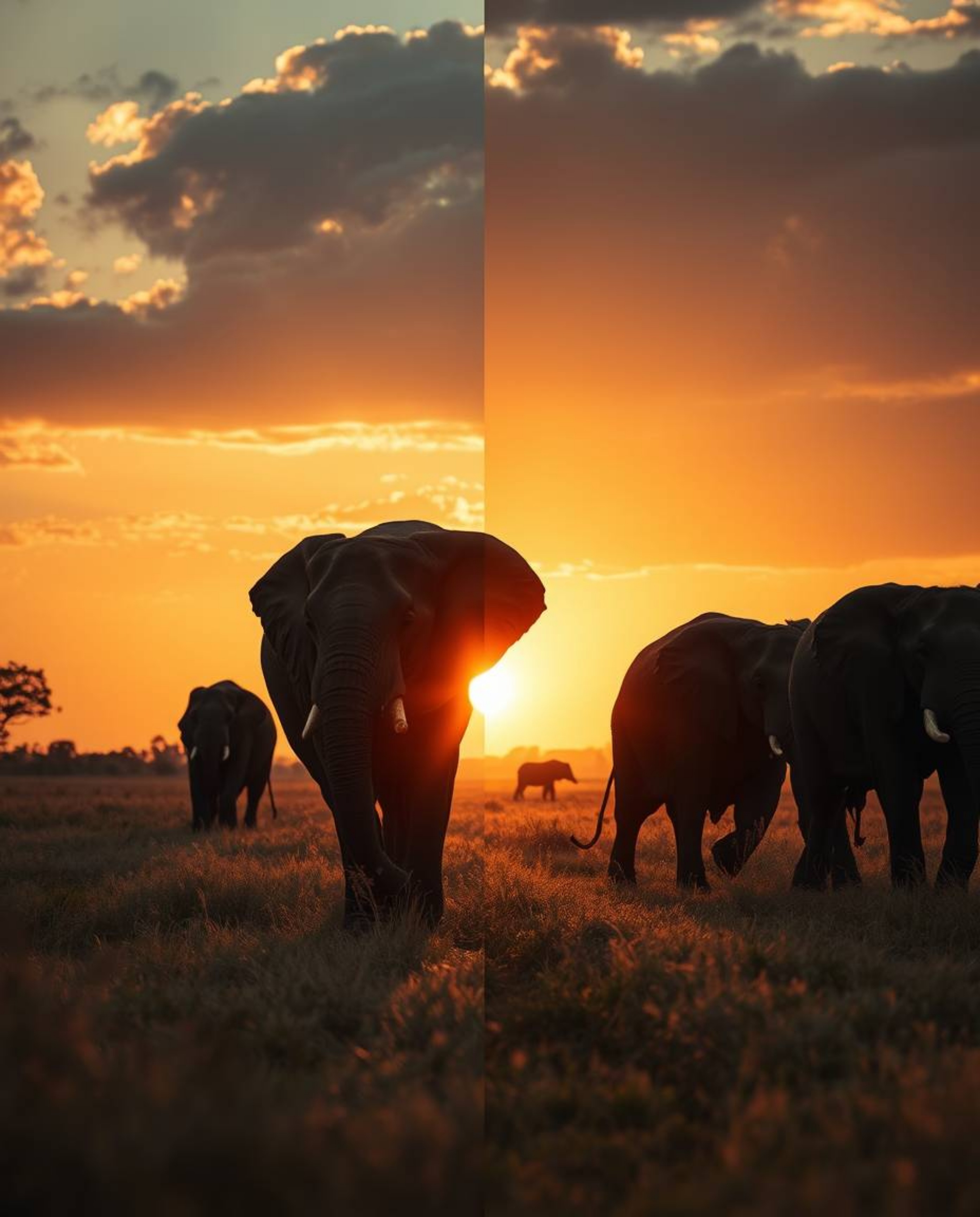 A split-candid street photography style depicting elephants walking across a field at sunset, dividing the scene into bold, u
