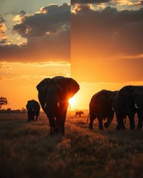 A split-candid street photography style depicting elephants walking across a field at sunset, dividing the scene into bold, u