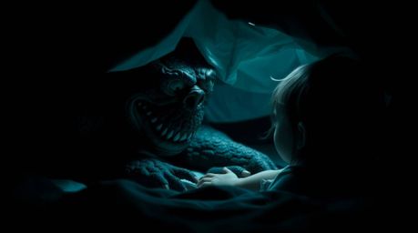 A captivating close-up reveals an unlikely friendship: a monster residing under a child's bed.  Shot with high contrast, low-
