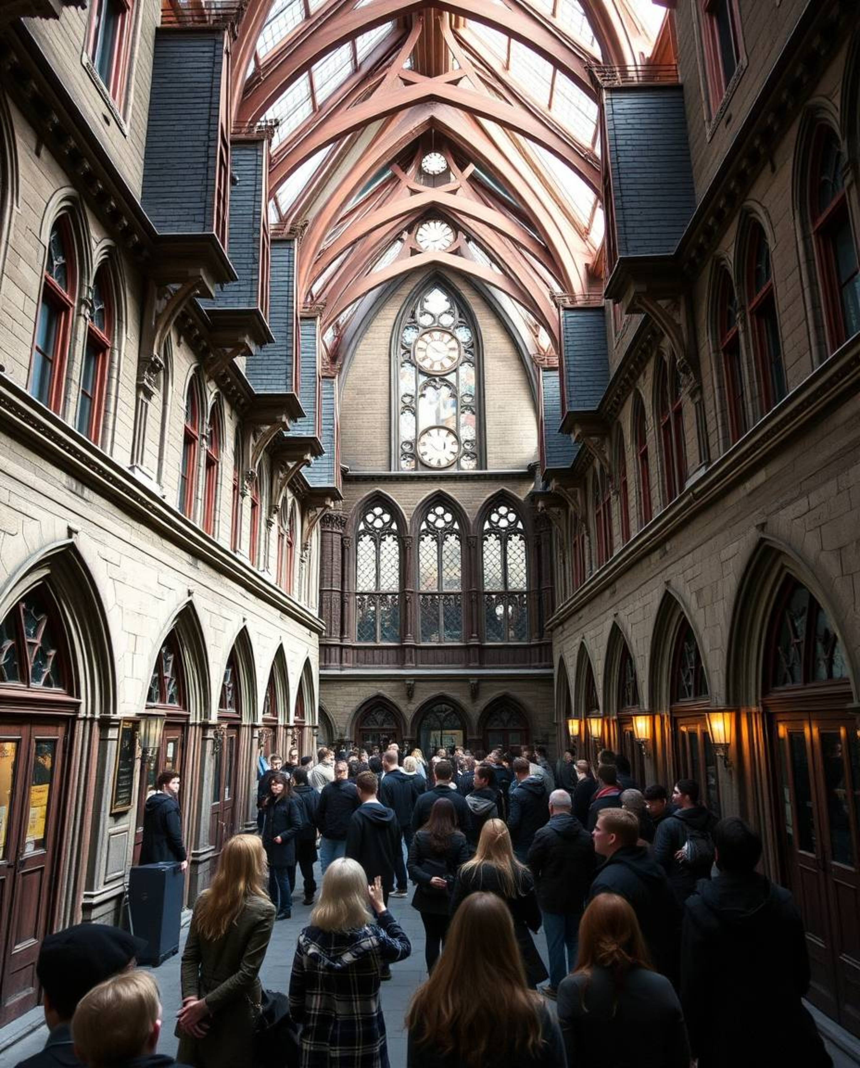 Explore the breathtaking architecture of a magical school brimming with young wizards, captured in precise, vibrant color pho