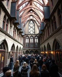 Explore the breathtaking architecture of a magical school brimming with young wizards, captured in precise, vibrant color pho