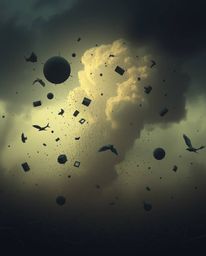Experience a surreal storm where the laws of physics bend and objects float effortlessly in a soft, dreamy atmosphere. High c
