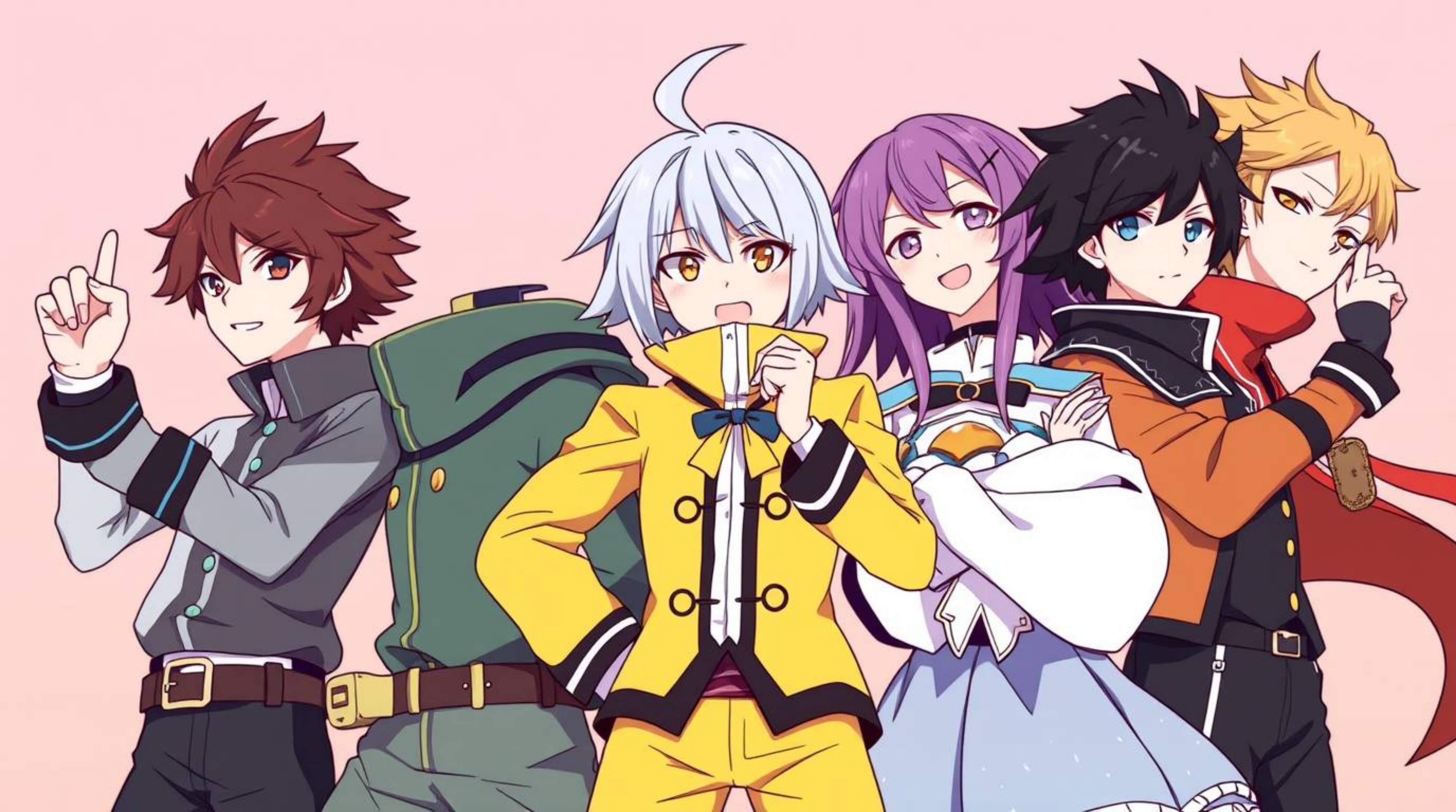 Discover a captivating isekai anime featuring a team of misfit heroes.  Their contrasting colors and expressive poses create 