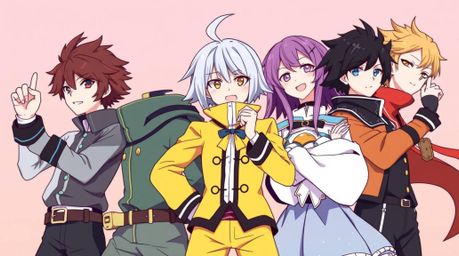 Discover a captivating isekai anime featuring a team of misfit heroes.  Their contrasting colors and expressive poses create 