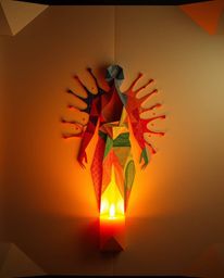 This artwork presents a warm and intricate origami-style human silhouette formed by colorful splash patterns. The piece embod