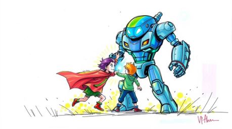 A dynamic hand-drawn sketch captures three superpowered children in an intense battle against a bioluminescent robot. Rendere