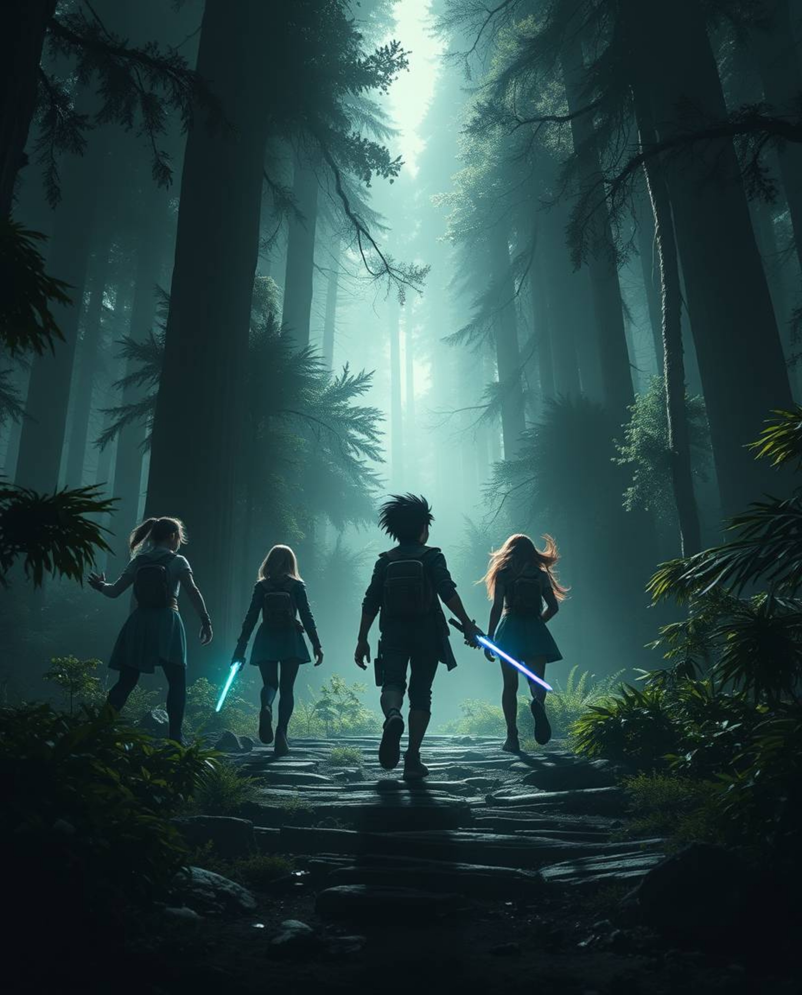 Discover a high-contrast, low-key image depicting a group of friends possessing unique powers as they embark on an epic explo