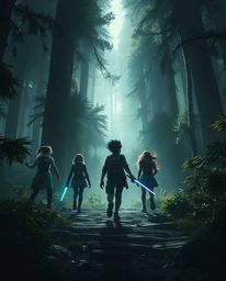 Discover a high-contrast, low-key image depicting a group of friends possessing unique powers as they embark on an epic explo