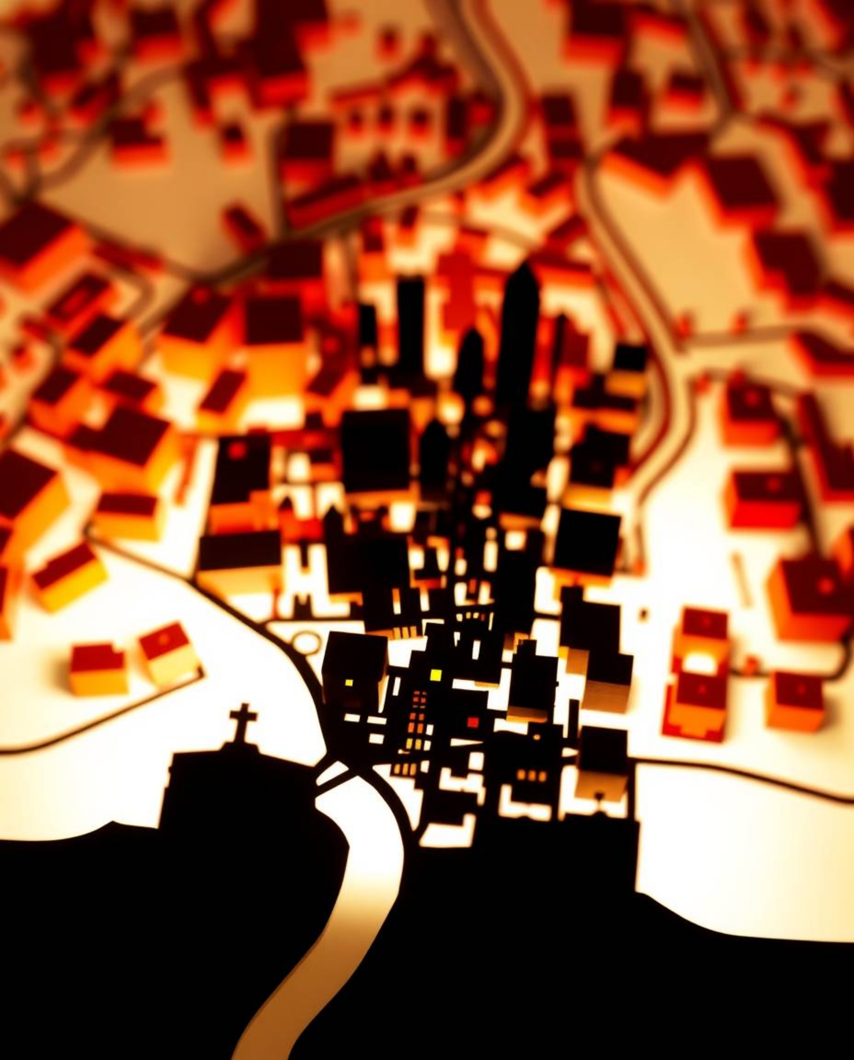 A captivating abstract city map, rendered in geometric shapes and bathed in warm reds, oranges, and yellows.  Viewed from abo