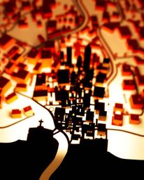 A captivating abstract city map, rendered in geometric shapes and bathed in warm reds, oranges, and yellows.  Viewed from abo