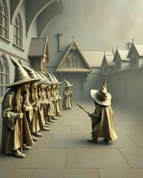 Discover a magical school brimming with young wizards, bathed in soft pastel colors and featuring an antique bronze patina fi