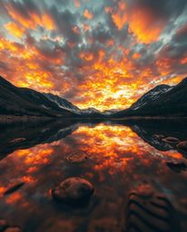 An extreme macro close-up photograph focusing on the reflections of fiery clouds in a mountain lake. Warm autumn colors creat