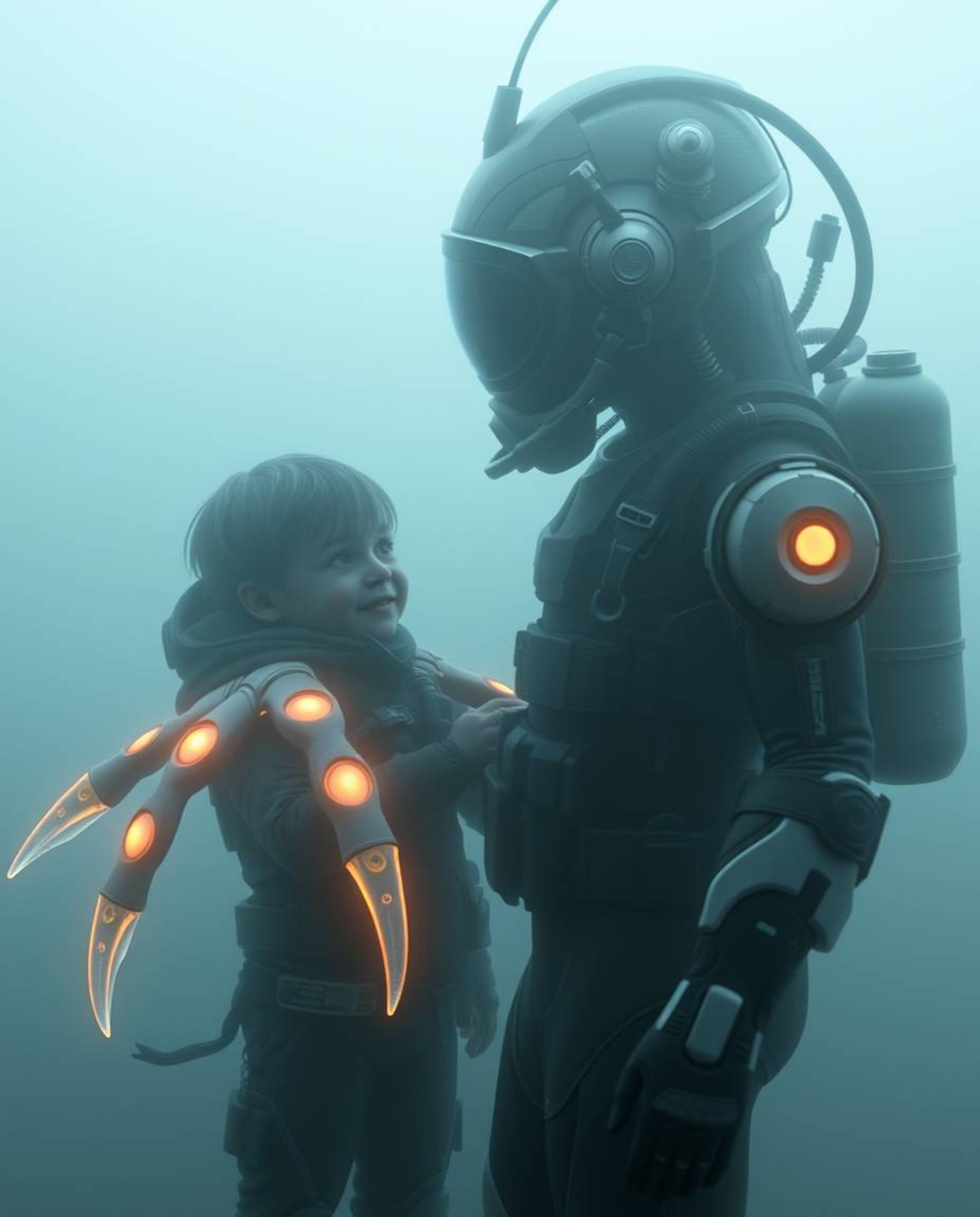 Dive into a captivating scene of a futuristic sea creature with luminous appendages forming an unlikely friendship with a chi