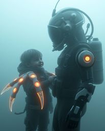 Dive into a captivating scene of a futuristic sea creature with luminous appendages forming an unlikely friendship with a chi