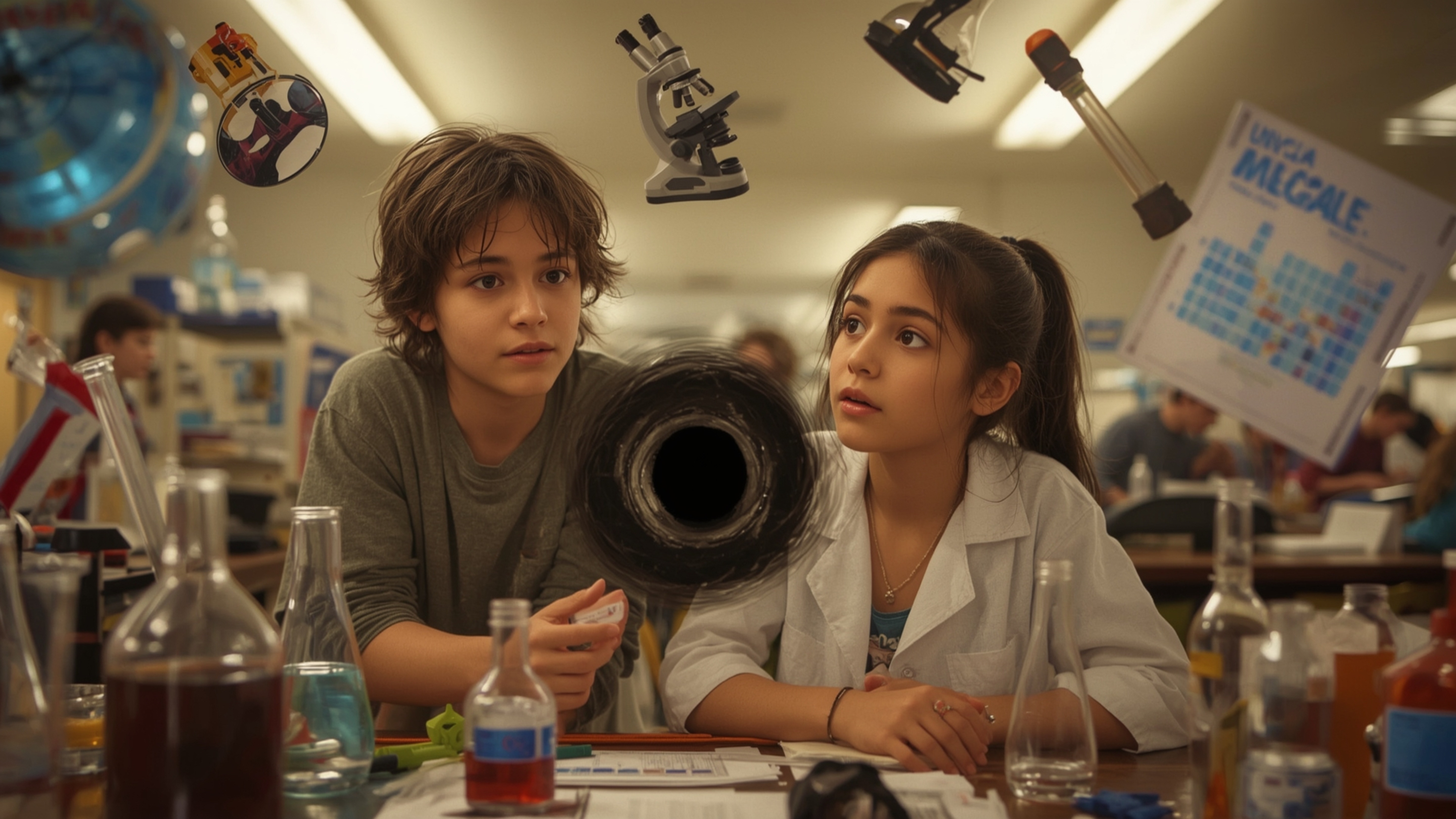 Step into a whimsical science fair adventure with this vibrant, cinematic photograph, reminiscent of Pixar's signature style.