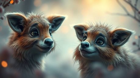 Dive into a captivating close-up of two mischievous talking animals frolicking in a mystical, dreamlike setting.  Gentle colo