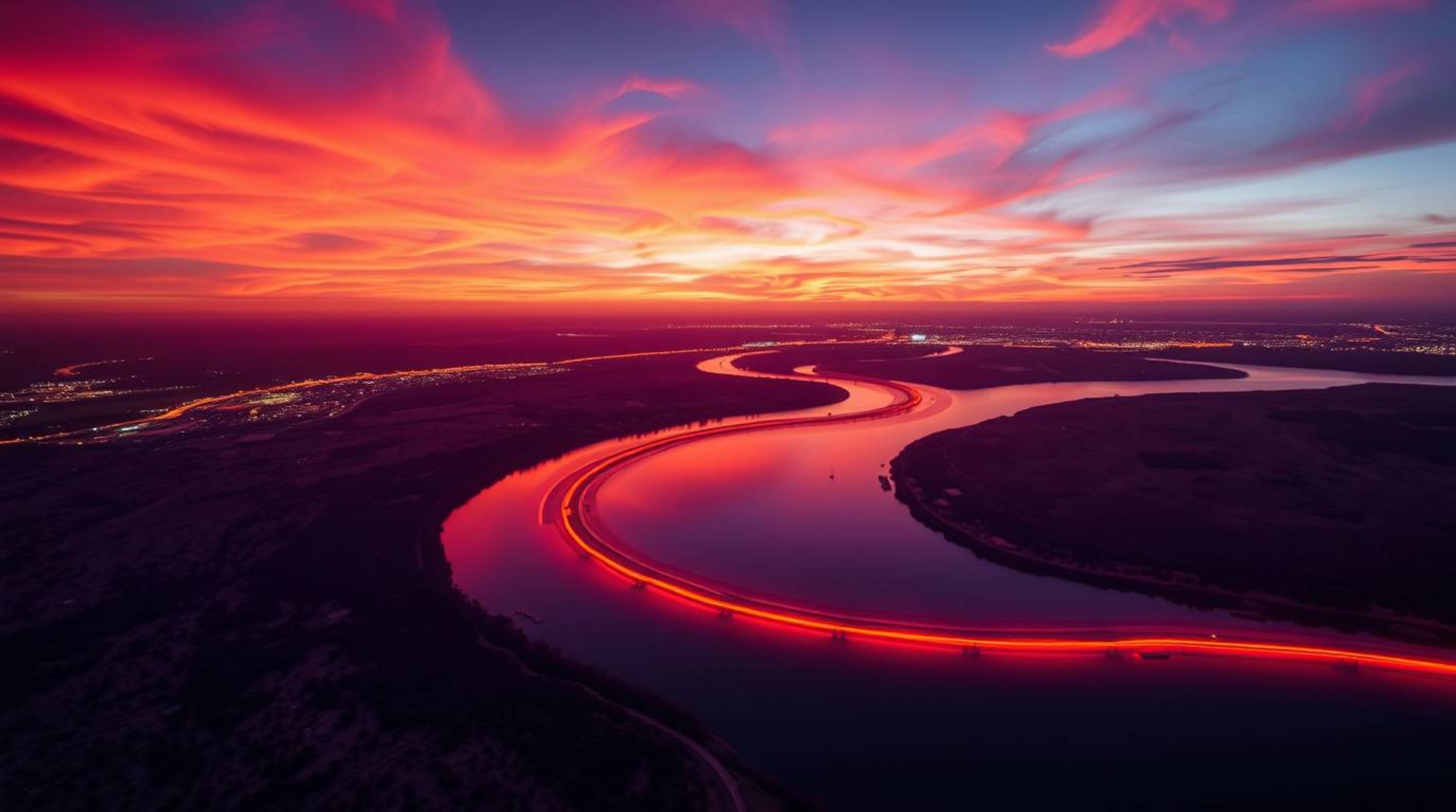Experience the breathtaking beauty of a winding river illuminated by bioluminescence under a dramatic orange-pink sunset.  Th