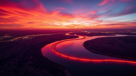 Experience the breathtaking beauty of a winding river illuminated by bioluminescence under a dramatic orange-pink sunset.  Th