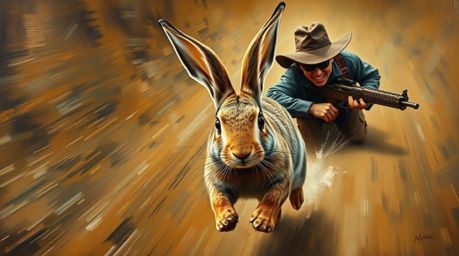 A high-angle perspective oil painting depicts a wacky rabbit with oversized ears outrunning a clumsy hunter in a style remini