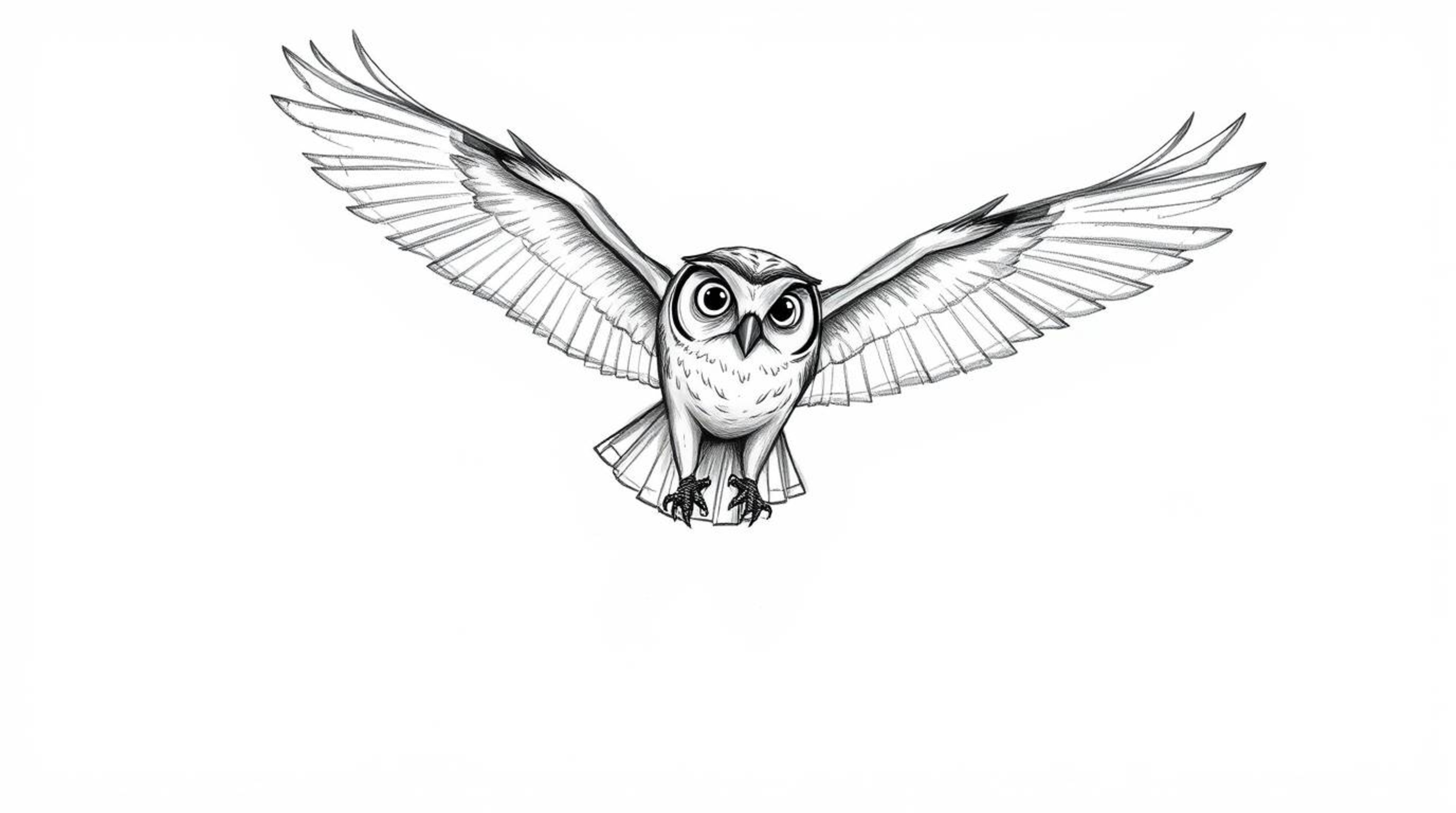 A hand-drawn sketch in the style of Pixar, depicting a blind owl mid-flight, teaching other birds. The scene features glowing