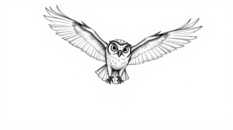 A hand-drawn sketch in the style of Pixar, depicting a blind owl mid-flight, teaching other birds. The scene features glowing