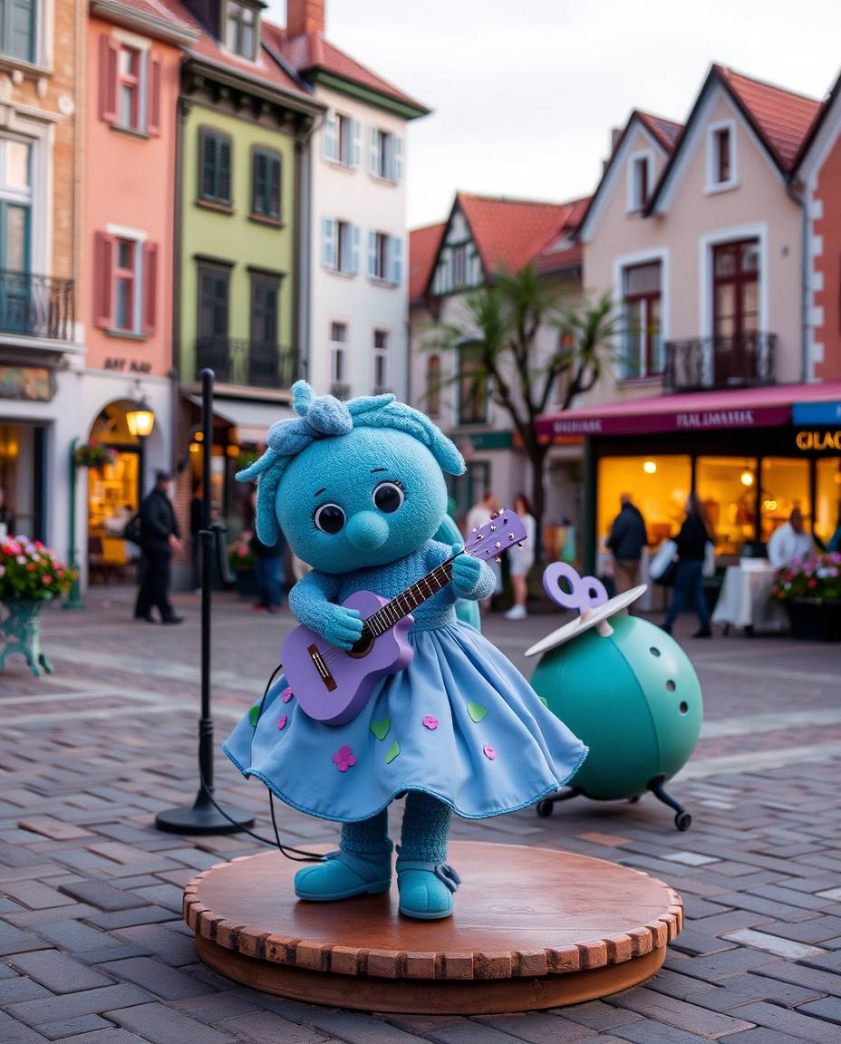 Experience a cool-colored musical number set in a bright town square, featuring captivating blues, greens, and purples. This 