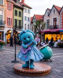 Experience a cool-colored musical number set in a bright town square, featuring captivating blues, greens, and purples. This 