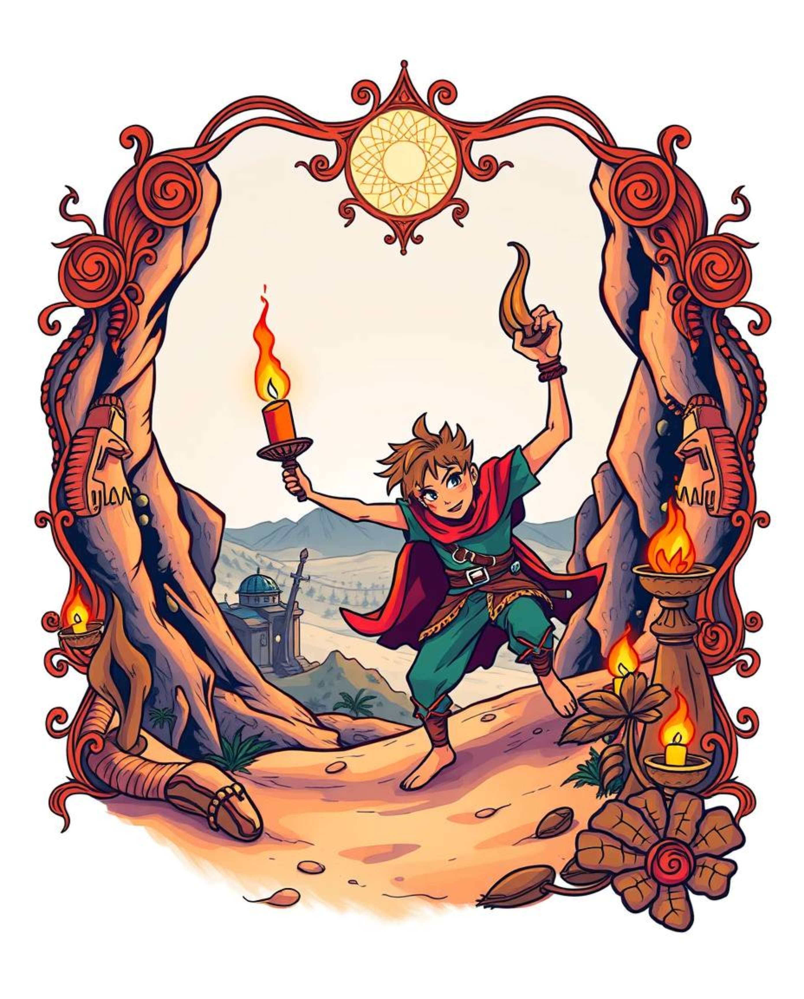 A vibrant illustration in a retro, Disney-style tattoo aesthetic depicts a brave hero embarking on a desert adventure.  Rende